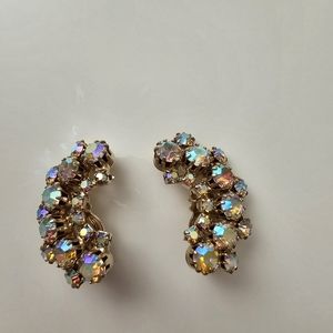 AB Rhinestones ear crawler Gold Tone metal clip on Vintage Statement Earrings